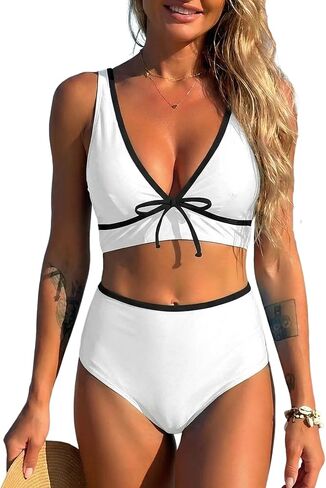 ZAFUL Womens High Waisted Bikini Sets Sexy V Neck Two Piece Swimsuit Cute Bow Ruched Bathing Suit in Saudi Arabia