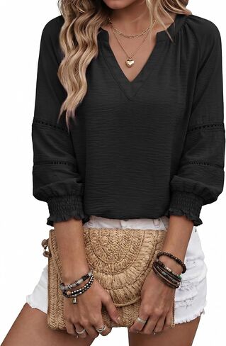 Dokotoo Womens Summer Tops 3/4 Lantern Sleeve Casual V-Neck T-Shirts Pleated Loose Tunic Hollow-Out Blouse in Kuwait