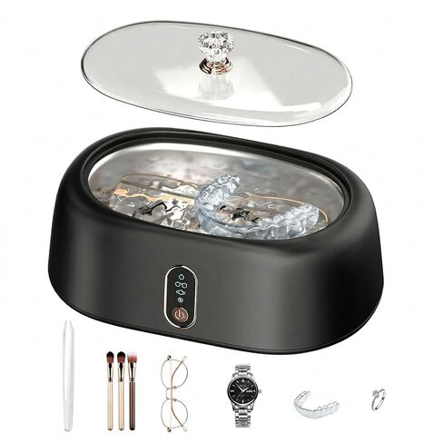 Ultrasonic Jewelry Cleaner, 45KHz Professional Cleaning Machine for Rings, Eyeglasses, Necklaces, Watch Strap, Dentures, 4 Timer Modes, 17oz(500ML), 304 Stainless Steel Water Tank- Black in Saudi Arabia