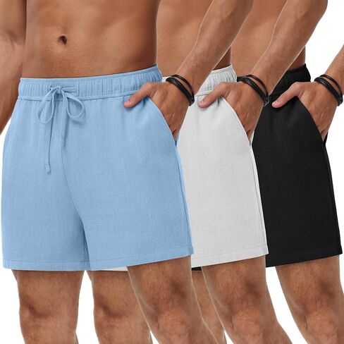 Neer 3 Pack Men's Linen Shorts Casual Cotton Lightweight Elastic Waist Drawstring Summer Shorts with Pockets in Kuwait