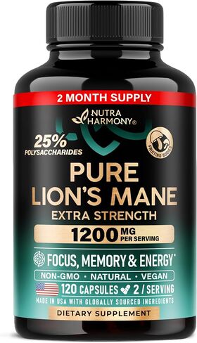 Organic Lions Mane - Certified Mushroom Supplement - Made in USA - Fruiting Bodies Extract - 1200 mg, 25% Polysaccharides - Memory & Focus - As Lions Powder, Liquid - 120 Capsules, 2 Month Supply in Saudi Arabia