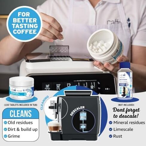 Espresso Cleaning Tablets. 100 x 0.035 oz Coffee Cleaner Tablets. Machine Cleaning Tablets used every 100 cups. Automatic, Superautomatic & Bean to Cup Machine Cleaning Tablets. Use with Descaling in Saudi Arabia