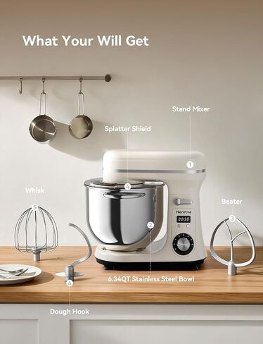 Neretva Stand Mixer, BPA-Free Stainless Steel Mixers Kitchen Electric Stand Mixer [6.34QT& 6-Speed& 400W] Lightweight& Large Capacity& LED Display Kitchen Mixer with Whisk, Flat Beater, Dough Hook in Saudi Arabia