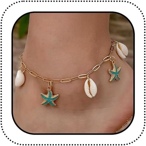 Charm Starfish Shell Ankle Bracelets for Women, Trendy 14K Gold Paperclip Chain Sea Star Statement Anklets Boho Ocean Holiday Seashell Foot Jewelry in Saudi Arabia