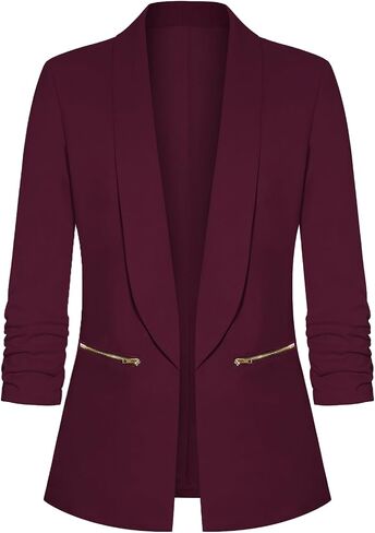 Womens Casual Blazer Ruched 3/4 Sleeve Open Front Cardigan Work Office Blazers Suit Jacket with Zipper Pocket in Saudi Arabia