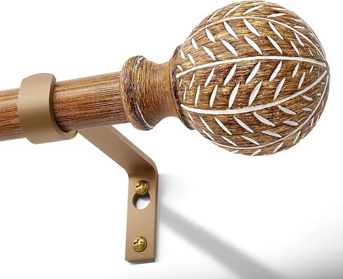 Imitation Wood Grain Ball Curtain Rods for Windows 72 to 144 Inch,1 Inch Heavy Duty Adjustable Wood Curtain Rod,Boho Decorative Drapery Rods Set with Brackets,Size:36''-150'' in Saudi Arabia