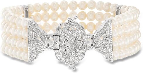 Ross-Simons 4.5-5mm Cultured Pearl and .15 ct. t.w. Diamond Multi-Strand Bracelet in Sterling Silver. 8 inches in Kuwait