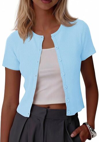 Imily Bela Womens Short Sleeve Sweater Tops Summer Button Down Casual Ribbed Knit Slim Fit Cropped Cardigan Shirts in Saudi Arabia