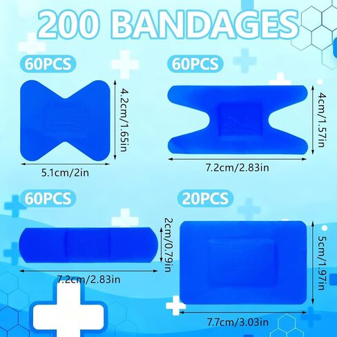 200 Pcs Waterproof Blue Bandaids, 4 Shapes Food Service Blue Detectable Adhesive Flexible Bandages with Quilt-Aid Pad, Breathable Bandaids for Catering Wound Care and Protection in Saudi Arabia
