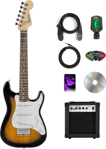 Fender Squier 3/4 Size Kids Mini Strat Electric Guitar - Brown Sunburst Bundle with Amplifier, Cable, Tuner, Strap, Picks, Online Lessons, and Austin Bazaar Instructional DVD in Saudi Arabia