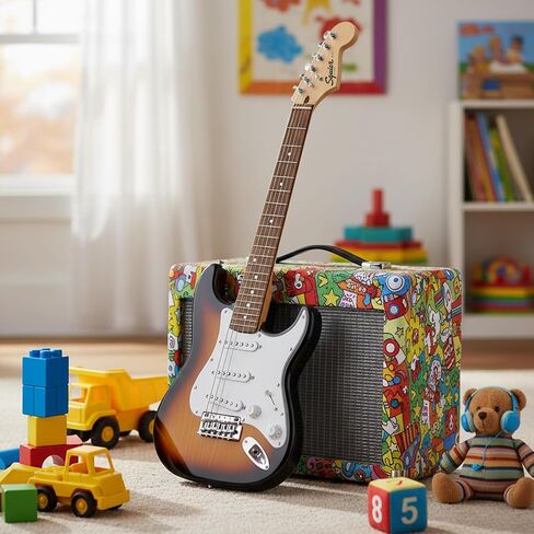 Fender Squier 3/4 Size Kids Mini Strat Electric Guitar - Brown Sunburst Bundle with Amplifier, Cable, Tuner, Strap, Picks, Online Lessons, and Austin Bazaar Instructional DVD in Saudi Arabia