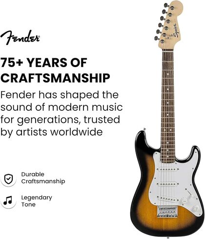 Fender Squier 3/4 Size Kids Mini Strat Electric Guitar - Brown Sunburst Bundle with Amplifier, Cable, Tuner, Strap, Picks, Online Lessons, and Austin Bazaar Instructional DVD in Saudi Arabia