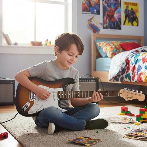 Fender Squier 3/4-Size Kids Mini Strat Electric Guitar - Surf Green Bundle with Amplifier, Cable, Tuner, Strap, Picks, Online Lessons, and Austin Bazaar Instructional DVD in Saudi Arabia