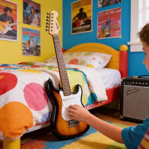 Fender Squier 3/4-Size Kids Mini Strat Electric Guitar - Surf Green Bundle with Amplifier, Cable, Tuner, Strap, Picks, Online Lessons, and Austin Bazaar Instructional DVD in Saudi Arabia