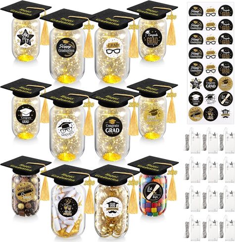 12 Sets Class of 2025 Graduation Table Decor Set with LED Light up Graduation Plastic Round Jars Table Centerpieces Felt Grad Hats and Stickers for High School and College Party Supplies(Purple) in Saudi Arabia