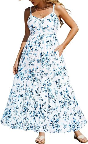 Women's Plus Size Summer Maxi Sun Dress Spaghetti Strap Ruched Bust Long Casual Sundress with Pockets in Saudi Arabia