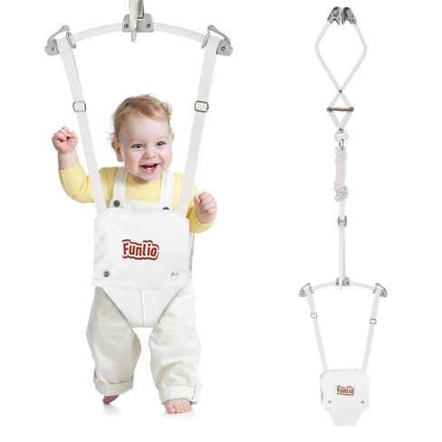 FUNLIO Baby Door Jumper for 6-24 Months (with Door Clamp), Bearing 40 Lbs, Baby Jumper Doorway with Strong Spring & Adjustable Strap, Portable Infant Door Bouncer, CPC & CE Certified - White in Saudi Arabia