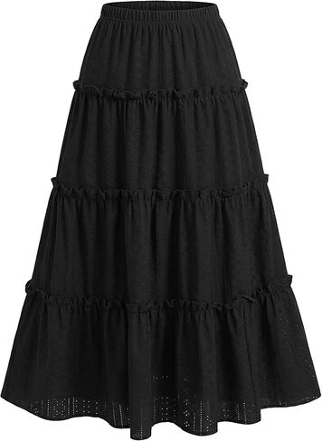 Seta T Women's Eyelet Skirts Elastic Waist Tiered A Line Maxi Skirt Ruffle Boho Long Summer Casual Skirt in Saudi Arabia