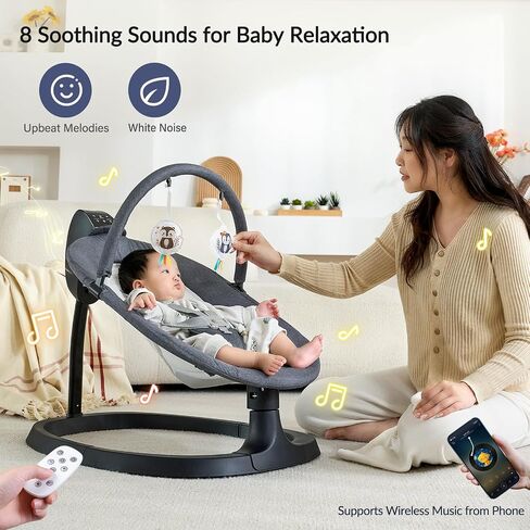 Baby Swings for Infants, Electric Baby Bouncer 3 Speeds, Portable Automatic Rocker with Remote Control, 8 Music Soothing Swing for Newborn 0-6 Month, AC Adapter & Battery Operated, Light Grey in Saudi Arabia