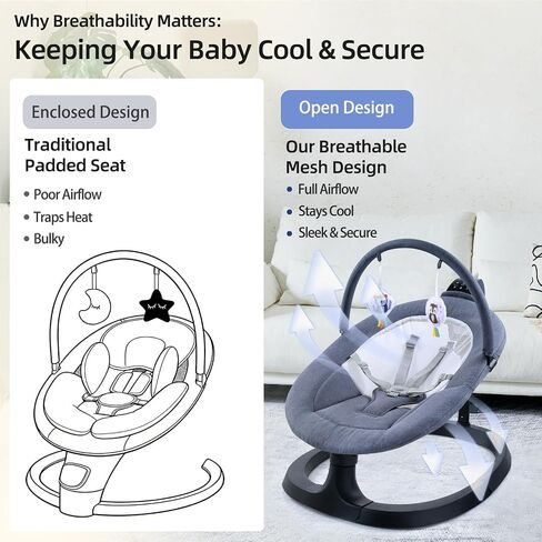 Baby Swings for Infants, Electric Baby Bouncer 3 Speeds, Portable Automatic Rocker with Remote Control, 8 Music Soothing Swing for Newborn 0-6 Month, AC Adapter & Battery Operated, Light Grey in Saudi Arabia
