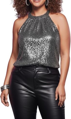 Sparkly Sequin Tops for Women Halter Tank Top Shiny Glitter Club Disco Outfit Sleeveless Dressy Shirt Blouse in Saudi Arabia