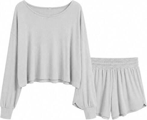 ft FENTENG Women's Ribbed Knit Pajama Set - Soft & Breathable 2-Piece Sleepwear, Long Sleeve Top & Shorts, Cozy Loungewear in Saudi Arabia