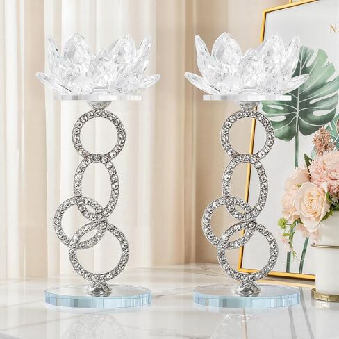 Tea lights Candle Holder Set of 2, Lotus Flower Holder, Crystal Mirror Base, Silver Metal Bracket, fits up to 1.5" Tealight Candles, Use as Wedding Table Centerpieces, Home Room Decor in Saudi Arabia