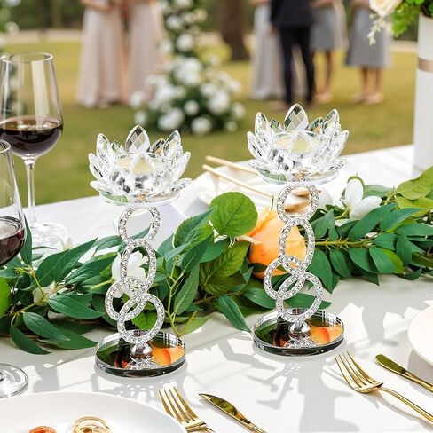 Tea lights Candle Holder Set of 2, Lotus Flower Holder, Crystal Mirror Base, Silver Metal Bracket, fits up to 1.5" Tealight Candles, Use as Wedding Table Centerpieces, Home Room Decor in Saudi Arabia