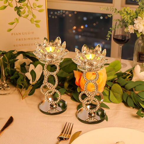 Tea lights Candle Holder Set of 2, Lotus Flower Holder, Crystal Mirror Base, Silver Metal Bracket, fits up to 1.5" Tealight Candles, Use as Wedding Table Centerpieces, Home Room Decor in Saudi Arabia