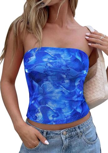 PRETTYGARDEN Strapless Tube Tops for Women 2025 Summer Mesh Floral Y2K Bandeau Cute Crop Top Trendy Going Out Outfits in Kuwait