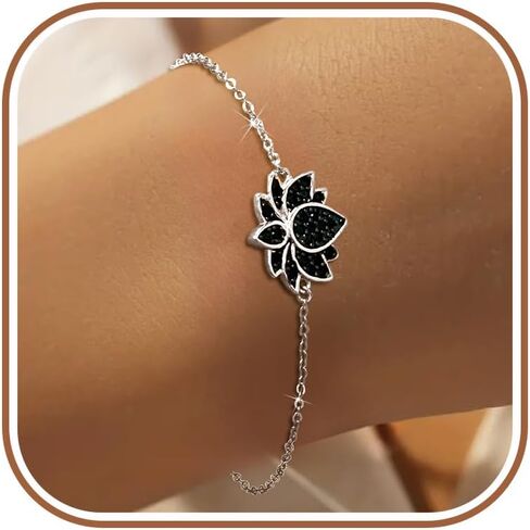 LOVECOM Dainty 14K Gold Plated Lotus Flower Bracelets for Women 925 Sterling Silver Birth Flower Black Birthstone Link Chain Bracelet Inspirational Friendship Yoga Bracelets Jewelry for Mom in Saudi Arabia