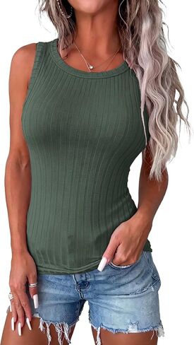 Women's Sleeveless Crewneck Tank Tops Summer Basic Ribbed Knit Slim Fit Cami Tops in Saudi Arabia