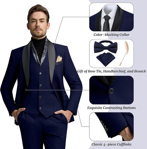 Mens Suit Slim Fit 3 Pieces Suit 1 Button Shawl Lapel Men Suit Blazer Jacket Vest Pants Bow Tie Pocket Square Brooch in Saudi Arabia