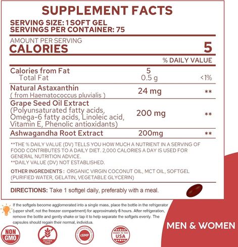Astaxanthin Supplements 24mg, 5 Month Supply - Coconut MCT Oil, Fresh Microalgae Source w/Grape Seed Oil, Ashwagandha - Antioxidants for Healthy Skin, Eyes, Aging - Non-GMO & Gluten Free, 150 Softgels in Saudi Arabia