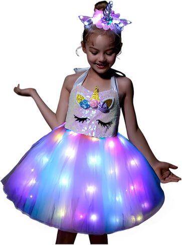 SHINYOU Girls Unicorn Costume, Rainbow Unicorn Dress, LED Light Up Unicorn Tutu with Wing for Halloween Birthday Gift in Saudi Arabia