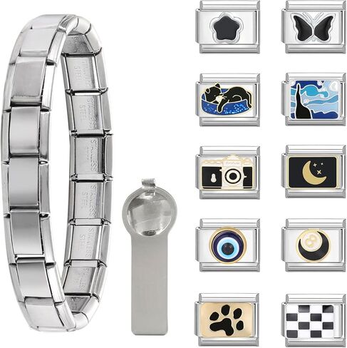 papasgix Italian Charm Bracelet Gold Silver Set with Starter Brascelet, Assorted Charms and Opening Tools, 9mm Modular Italian Charm Bracelet Links Handmade DIY Jewelry Gifts(Silver Black) in Kuwait
