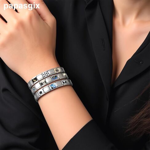 papasgix Italian Charm Bracelet Gold Silver Set with Starter Brascelet, Assorted Charms and Opening Tools, 9mm Modular Italian Charm Bracelet Links Handmade DIY Jewelry Gifts(Silver Black) in Kuwait