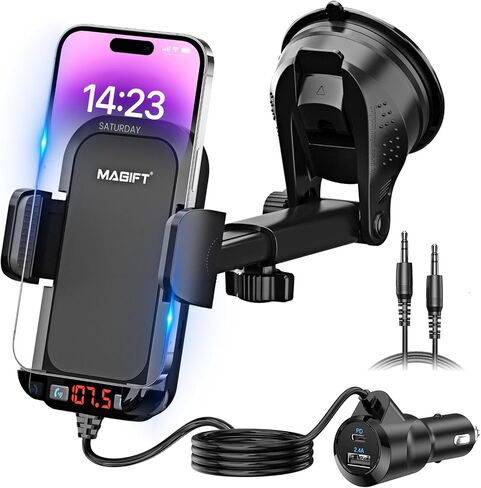 54W Bluetooth 5.3 FM Transmitter Car Adapter with Phone Holder 3-in-1, HiFi Bass Sound, Hands-Free Calling, 36W PD, QC 18W Supports TF/SD Card 64G AUX USB Flash Drive for iPhone Android Phone in Saudi Arabia