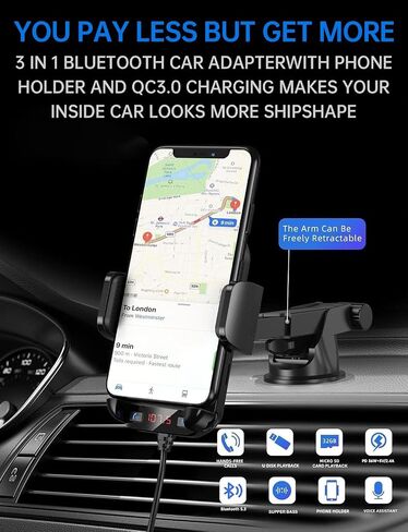 54W Bluetooth 5.3 FM Transmitter Car Adapter with Phone Holder 3-in-1, HiFi Bass Sound, Hands-Free Calling, 36W PD, QC 18W Supports TF/SD Card 64G AUX USB Flash Drive for iPhone Android Phone in Saudi Arabia