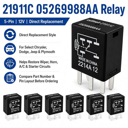 6-Pack 21911C 05269988AA Relays 12VDC 10A 5-Pin SPDT Automotive Relay - Compatible with Select Chrysler, Jeep, Dodge Vehicles - Fixes Headlight, Wiper & Dual-Circuit Failures in Saudi Arabia