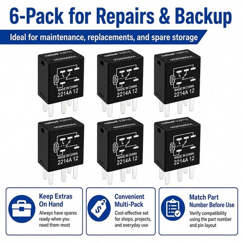 6-Pack 21911C 05269988AA Relays 12VDC 10A 5-Pin SPDT Automotive Relay - Compatible with Select Chrysler, Jeep, Dodge Vehicles - Fixes Headlight, Wiper & Dual-Circuit Failures in Saudi Arabia