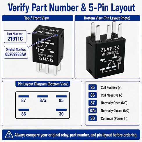 6-Pack 21911C 05269988AA Relays 12VDC 10A 5-Pin SPDT Automotive Relay - Compatible with Select Chrysler, Jeep, Dodge Vehicles - Fixes Headlight, Wiper & Dual-Circuit Failures in Saudi Arabia