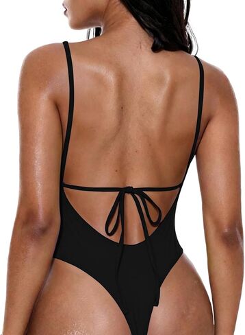 HYTENSUN Sexy One Piece Swimsuit for Women Deep V Neck High Cut Thong Bottom Tie Back Bathing Suit in Saudi Arabia