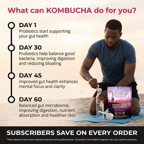 TruWild Natural Kombucha Powder Probiotic Supplement Vegan Drink Mix – Gut Health Digestive Enzymes w/Live Cultures + Apple Cider Vinegar & Prebiotics – 20 Servings in Saudi Arabia