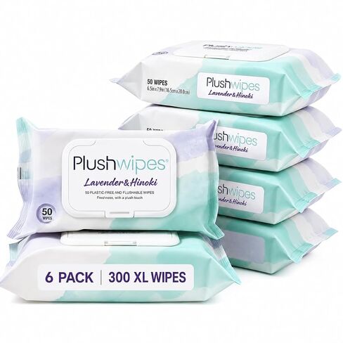 Flushable Wet Wipes for Adults, Aloe & Vitamin E, Minimal Lint, pH-Balanced, Septic & Sewer Safe, 300 Count (6 Packs), Plant-Based, Dermatologically Tested (Lavender & Hinoki) in Saudi Arabia