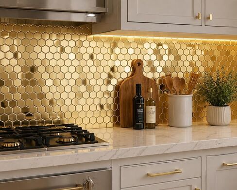 Hexagon Gold Backsplash Tile, Mosaic Sheets 12''x12'' Mesh Mounted Golden 1 Inch, Brushed Shiny Gold Tiles for Kitchen Bathroom Shower Wall Floor Accent Tile Hotel Lobby Décor【5 Sheets】 in Saudi Arabia