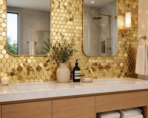 Hexagon Gold Backsplash Tile, Mosaic Sheets 12''x12'' Mesh Mounted Golden 1 Inch, Brushed Shiny Gold Tiles for Kitchen Bathroom Shower Wall Floor Accent Tile Hotel Lobby Décor【5 Sheets】 in Saudi Arabia