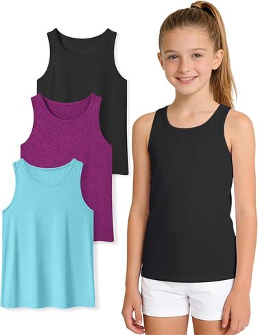 Auranso Girls Tank Tops Athletic Sleeveless Racerback Quick Dry Dance Shirts 3 Pack in Saudi Arabia