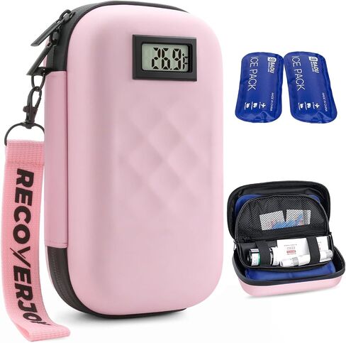 TSA Approved Insulin Cooler Travel Case Diabetic Medication Bag With Thermometer Temperature Display Medication Diabetic Cooler Travel Medicine Organizer Bag for women & 2 Ice Pack-Pink in Saudi Arabia