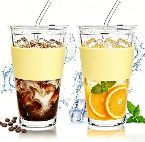 Glass Cups with Bamboo Lids and Straws,24oz Tumbler With Handle,2 Pack Mason Jar with Lid and Straw-Wide Mouth Reusable Drinking Glasses,Boba Cup Smoothie Tumbler Iced Coffee Cup Travel Mug in Saudi Arabia